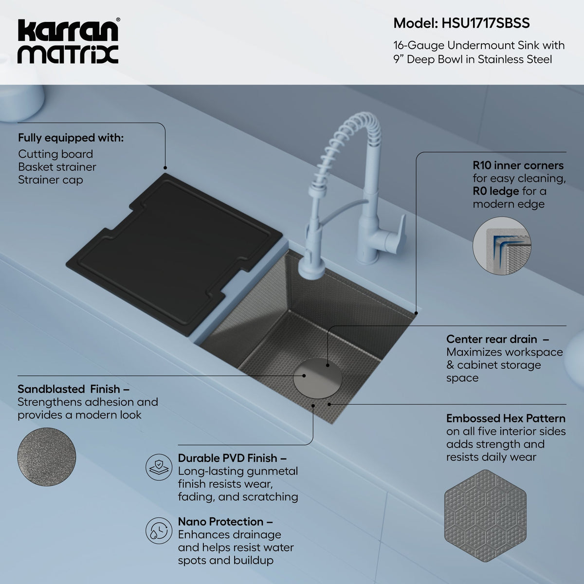 Matrix 17" Undermount Workstation 16 Gauge Single Bowl Stainless Steel Sink with Accessories