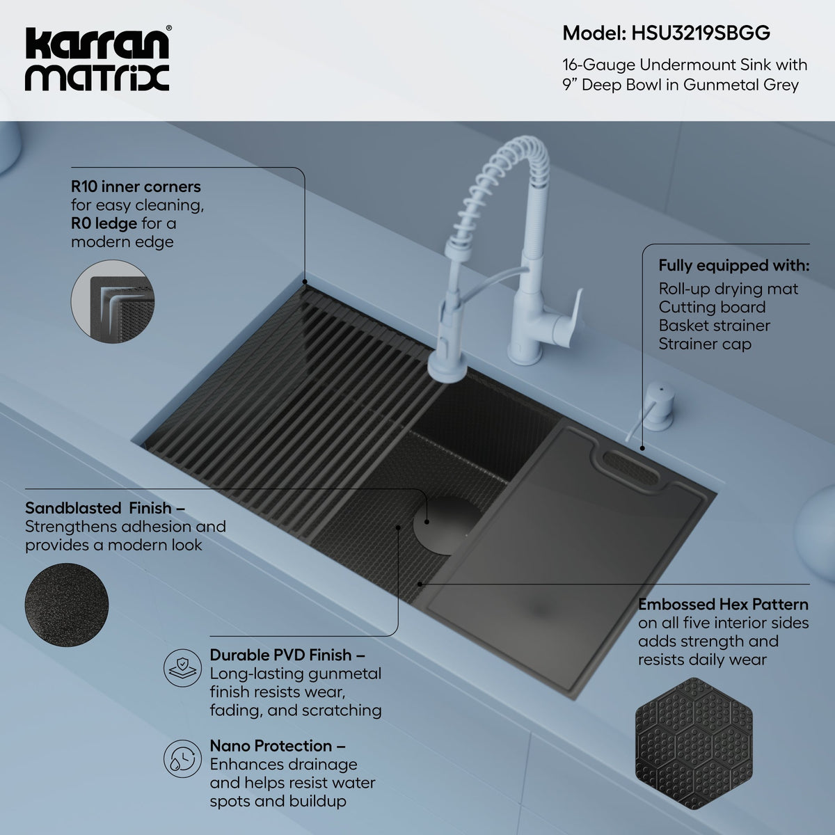 Matrix 32" Undermount Workstation 16 Gauge Single Bowl Stainless Steel Kitchen Sink In Gunmetal Grey with Accessories