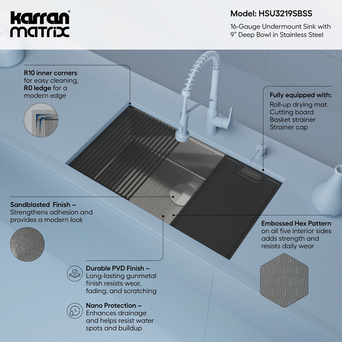 Matrix 32" Undermount Workstation 16 Gauge Single Bowl Stainless Steel Kitchen Sink with Accessories