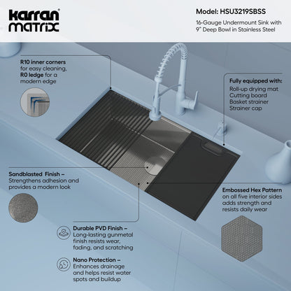 Matrix 32" Undermount Workstation 16 Gauge Single Bowl Stainless Steel Kitchen Sink with Accessories