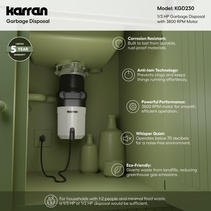 1/3 HP Continuous Feed Garbage Disposal for Kitchen Sinks with Power Cord and Accessories Included