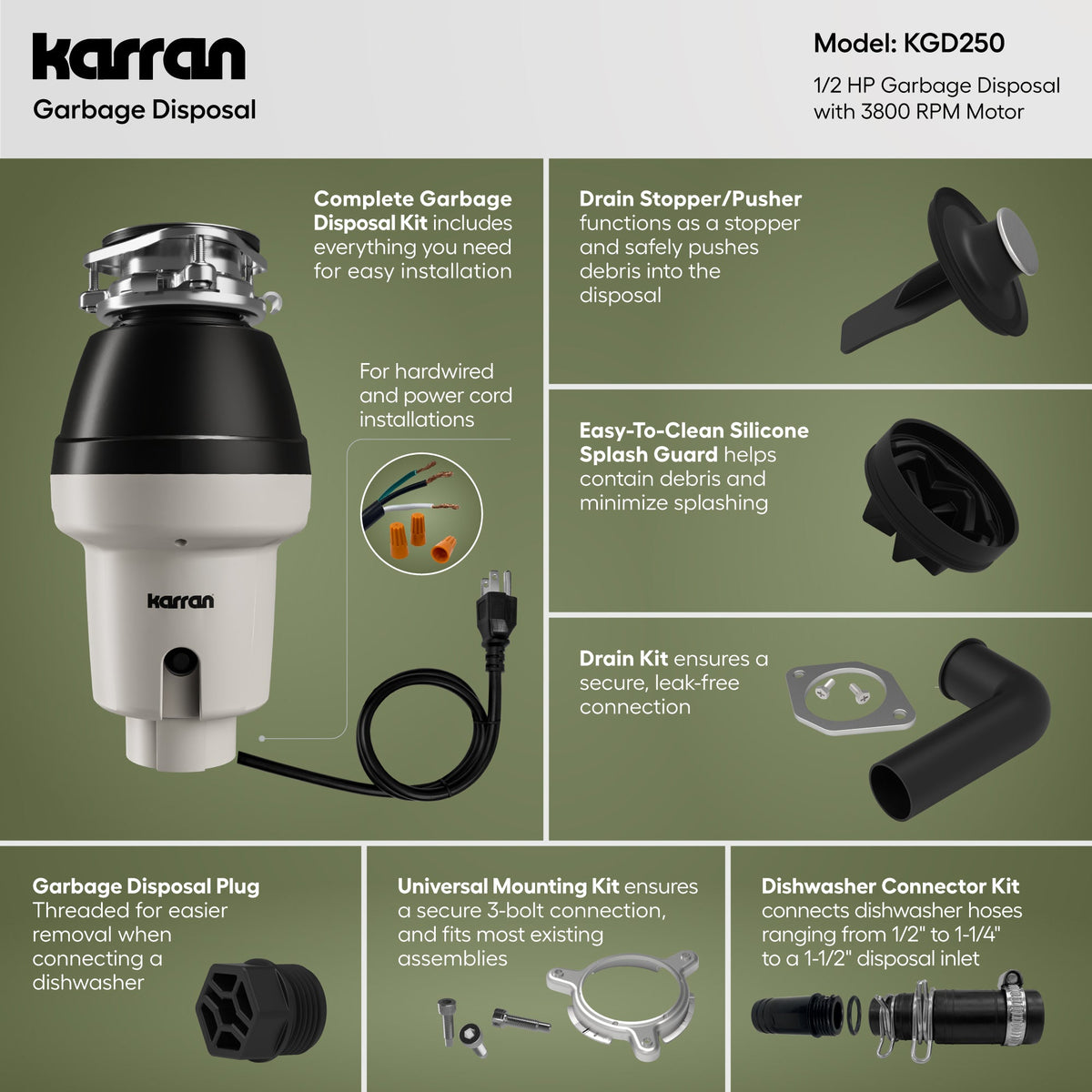 1/2 HP Continuous Feed Garbage Disposal for Kitchen Sinks with Power Cord and Accessories Included