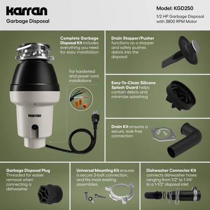 1/2 HP Continuous Feed Garbage Disposal for Kitchen Sinks with Power Cord and Accessories Included