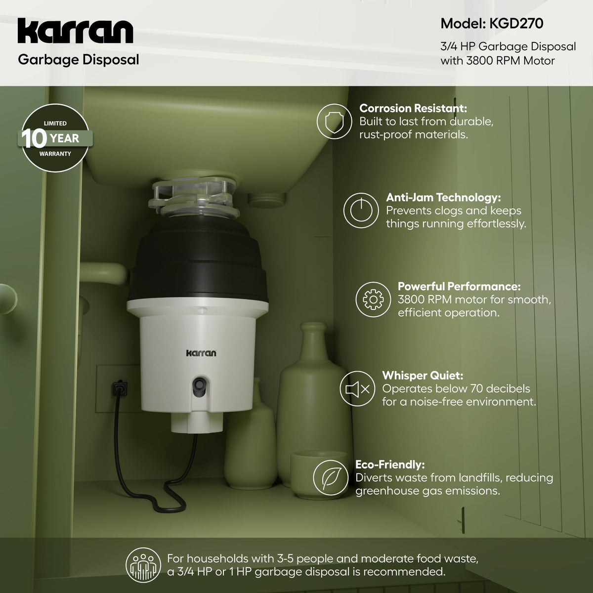 3/4 HP Continuous Feed Garbage Disposal for Kitchen Sinks with Power Cord and Accessories Included