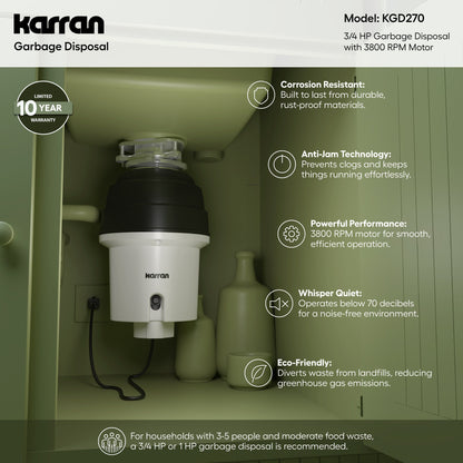 3/4 HP Continuous Feed Garbage Disposal for Kitchen Sinks with Power Cord and Accessories Included