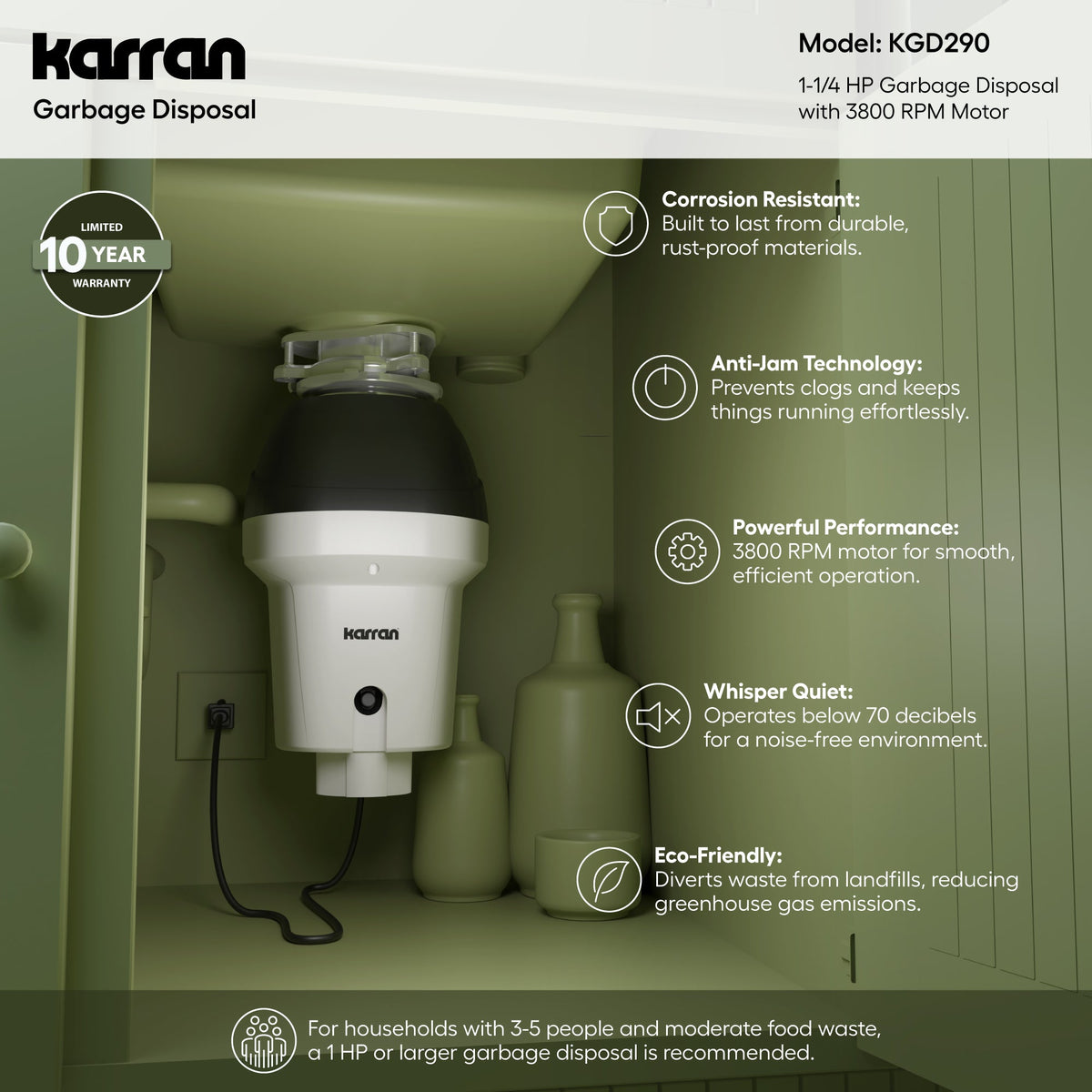 1-1/4 HP Continuous Feed Garbage Disposal for Kitchen Sinks with Power Cord and Accessories included