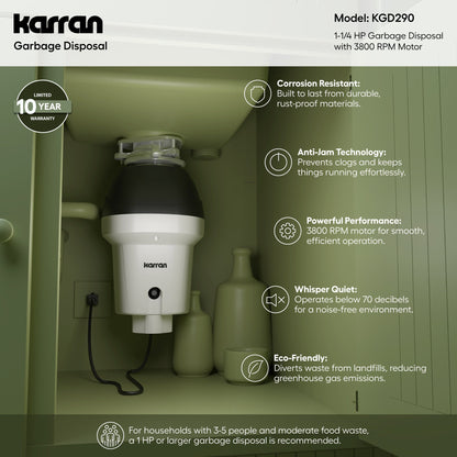 1-1/4 HP Continuous Feed Garbage Disposal for Kitchen Sinks with Power Cord and Accessories included