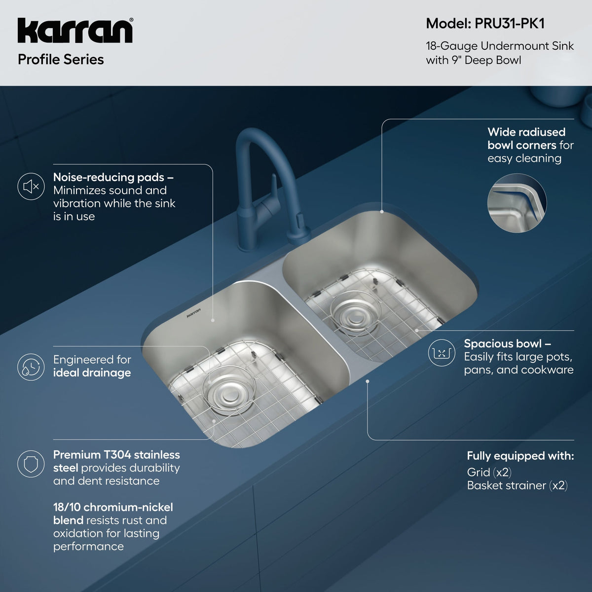 Profile 32" Undermount 18 Gauge Double Bowl Stainless Steel Kitchen Sink with Accessories
