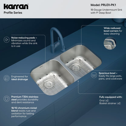 Profile 32" Undermount 18 Gauge Double Bowl Stainless Steel Kitchen Sink with Accessories