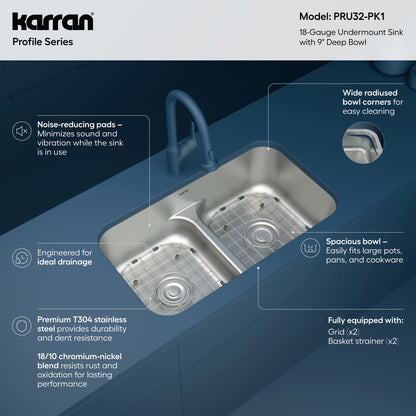 Profile 32" Undermount 18 Gauge Low Divider Double Bowl Stainless Steel Kitchen Sink with Accessories