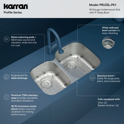 Profile 31" Undermount 18 Gauge Double Offset Bowl Stainless Steel Kitchen Sink with Accessories