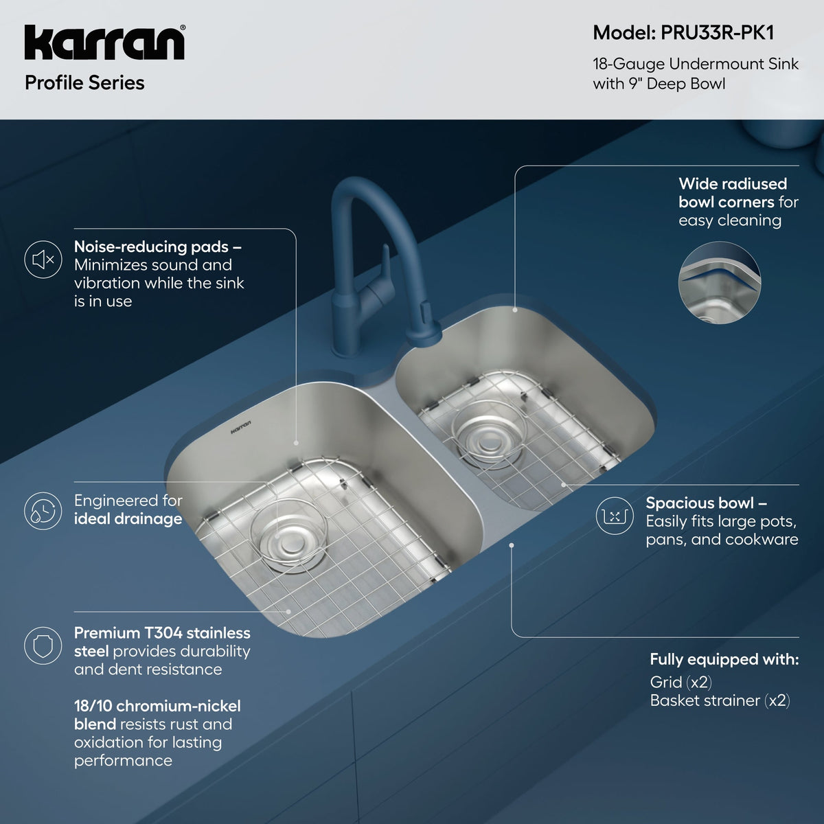 Profile 31" Undermount 18 Gauge Double Offset Bowl Stainless Steel Kitchen Sink with Accessories