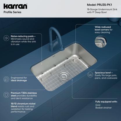 Profile 30" Undermount 18 Gauge Single Bowl Stainless Steel Kitchen Sink with Accessories