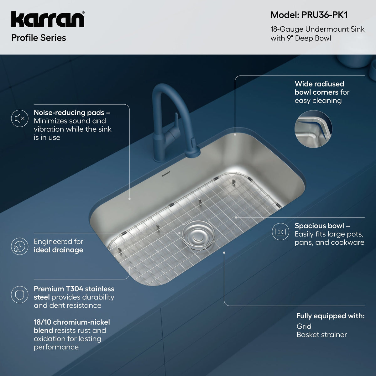 Profile 32" Undermount 18 Gauge Single Bowl Stainless Steel Kitchen Sink with Accessories