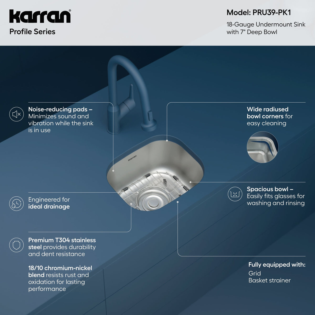 Profile 15" Undermount 18 Gauge Single Bowl Stainless Steel Kitchen Sink with Accessories