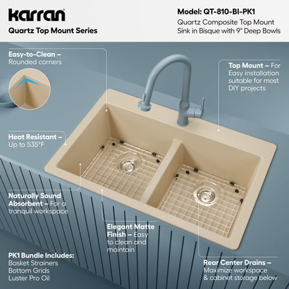 33" Top Mount Double Equal Bowl Quartz Composite Kitchen Sink Kit In Bisque