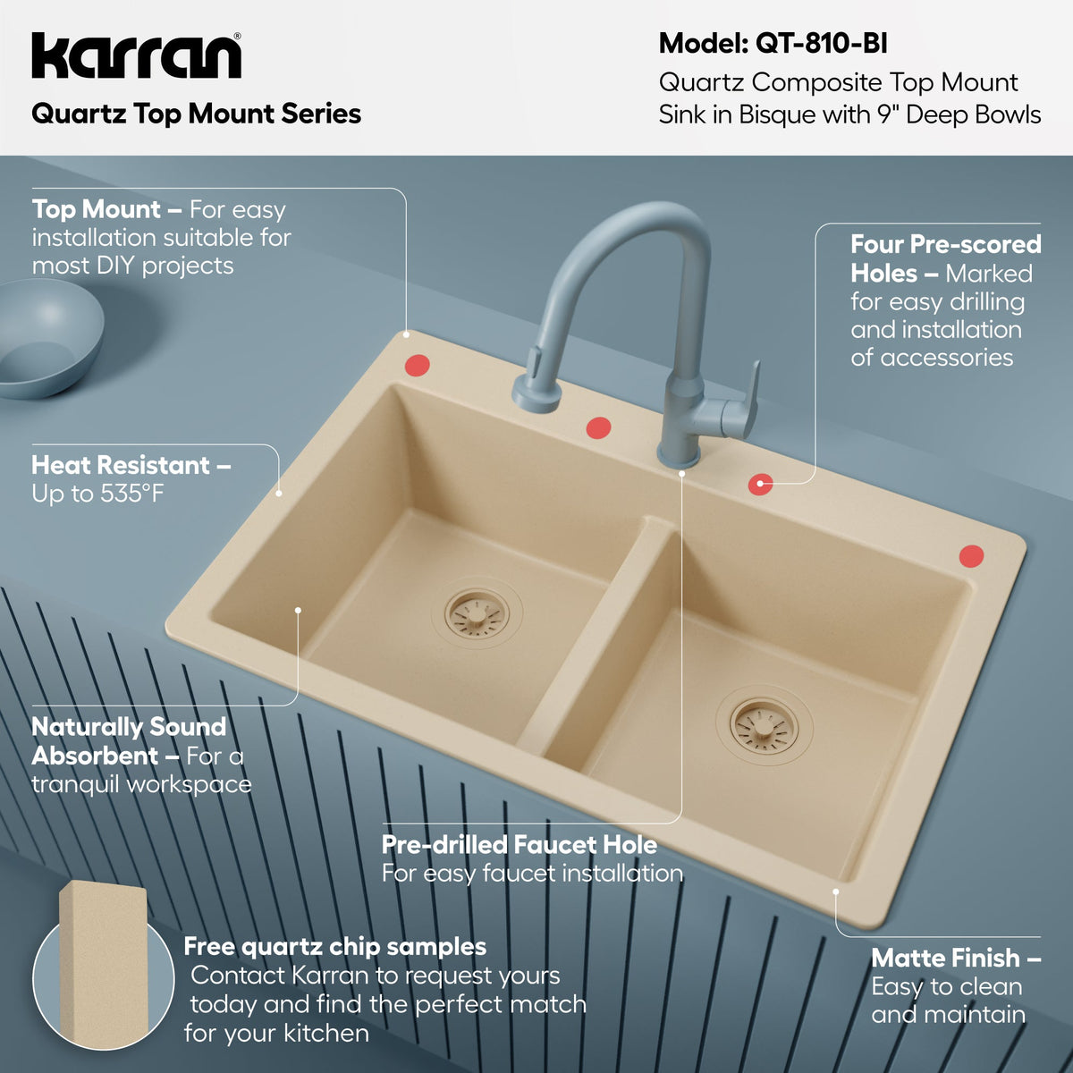 33" Top Mount Double Bowl Quartz Composite Kitchen Sink In Bisque