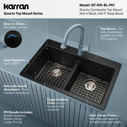 33" Top Mount Double Equal Bowl Quartz Composite Kitchen Sink Kit In Black