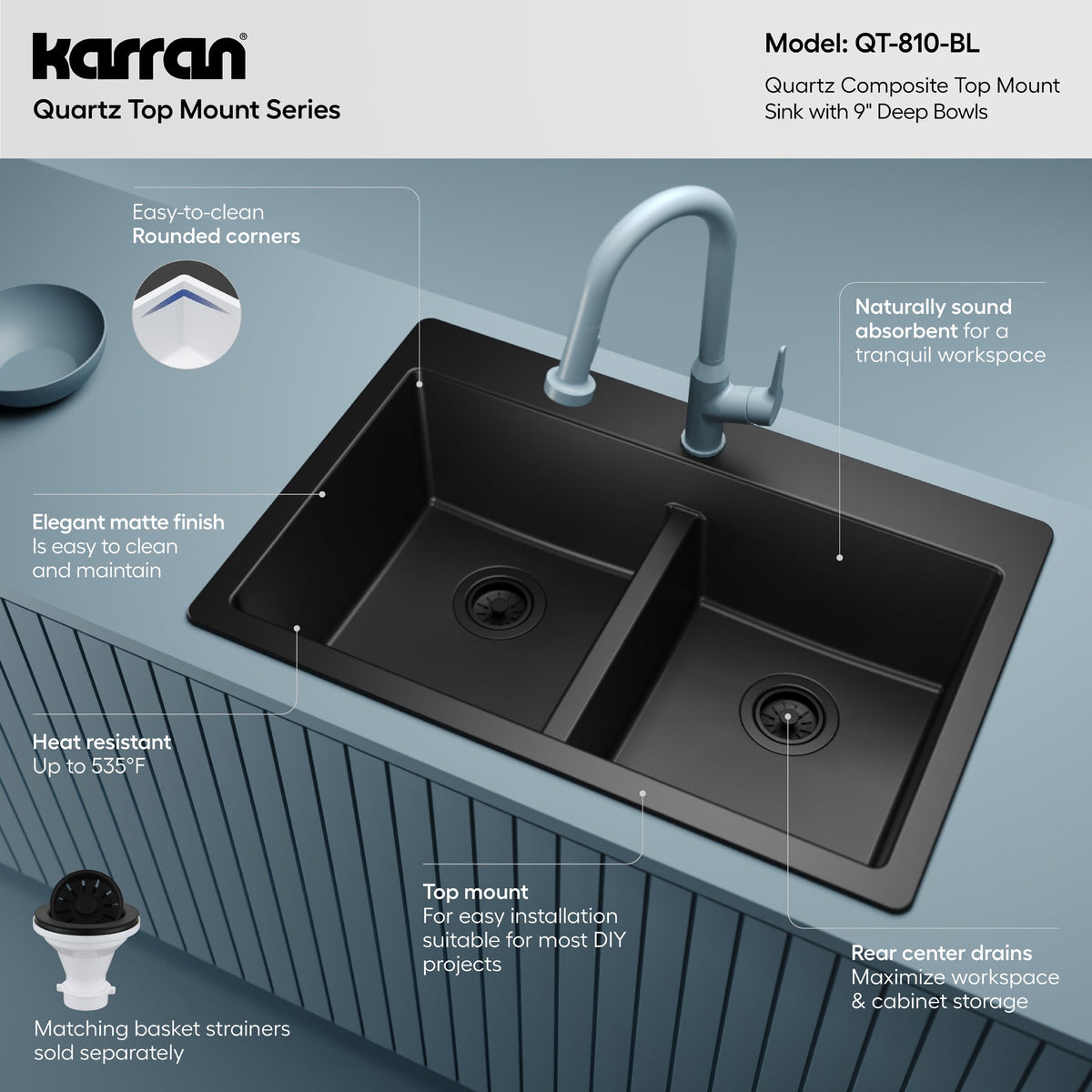 33" Top Mount Double Bowl Quartz Composite Kitchen Sink In Black