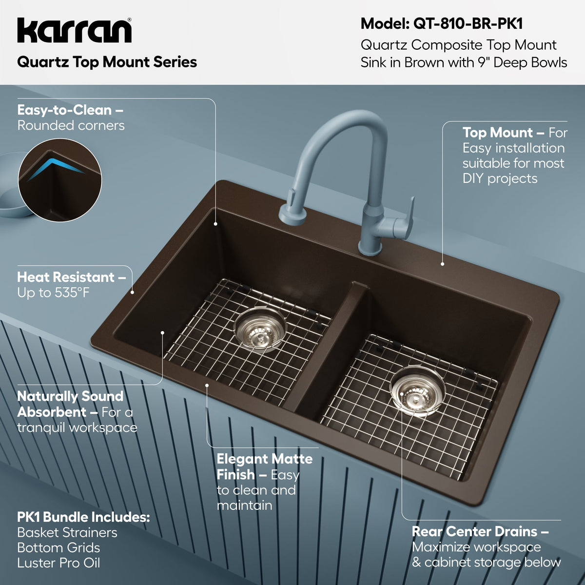 33" Top Mount Double Equal Bowl Quartz Composite Kitchen Sink Kit In Brown