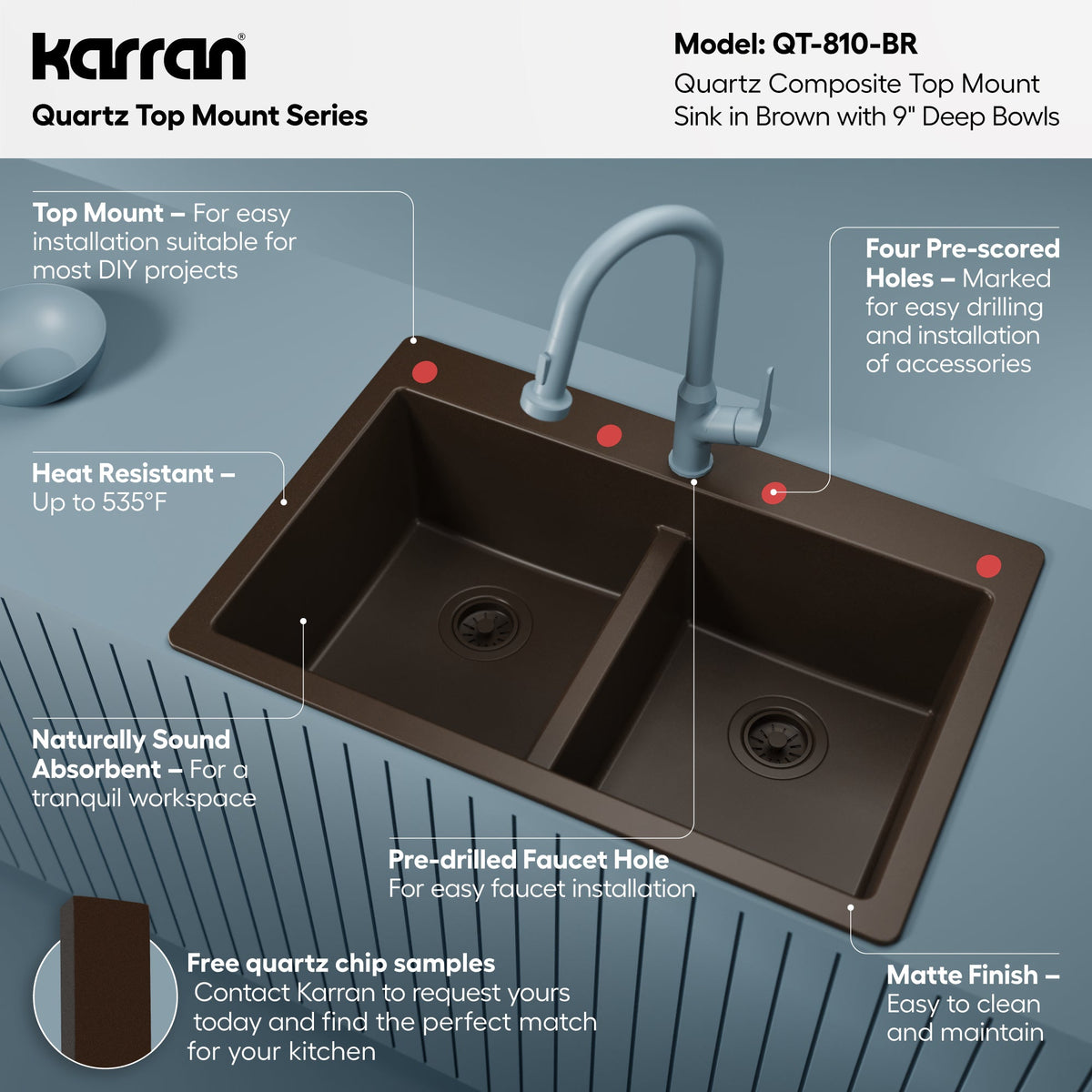 33" Top Mount Double Bowl Quartz Composite Kitchen Sink In Brown