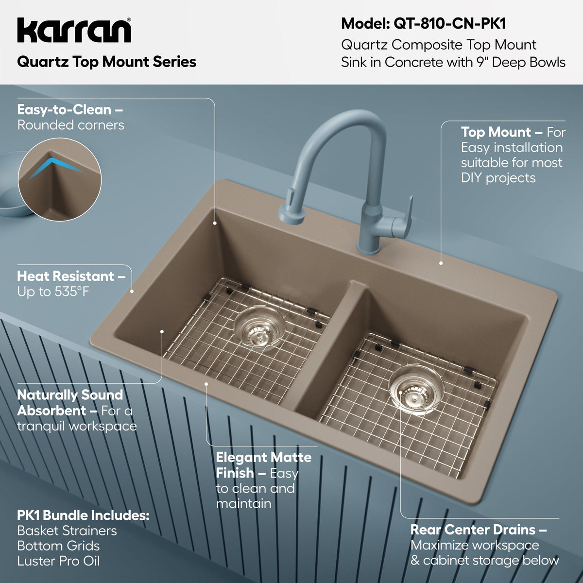 33" Top Mount Double Equal Bowl Quartz Composite Kitchen Sink Kit In Concrete