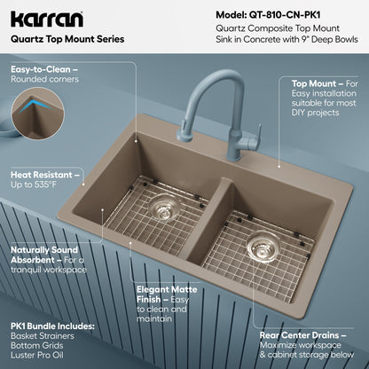 33" Top Mount Double Equal Bowl Quartz Composite Kitchen Sink Kit In Concrete