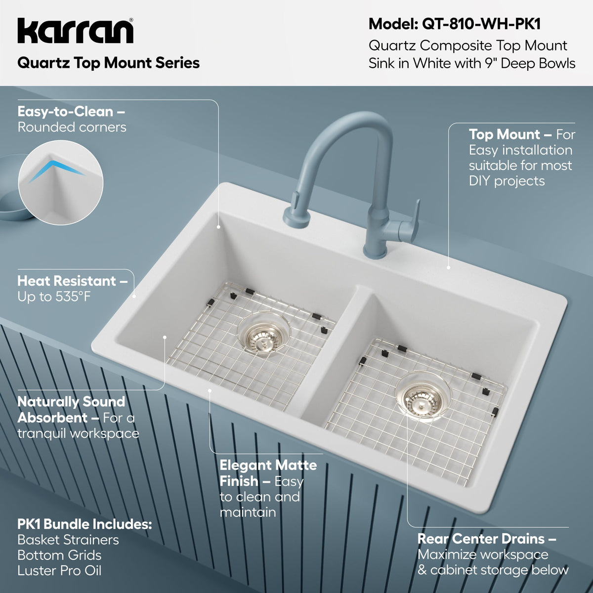 33" Top Mount Double Equal Bowl Quartz Composite Kitchen Sink Kit In White