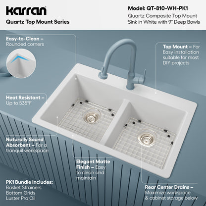 33" Top Mount Double Equal Bowl Quartz Composite Kitchen Sink Kit In White