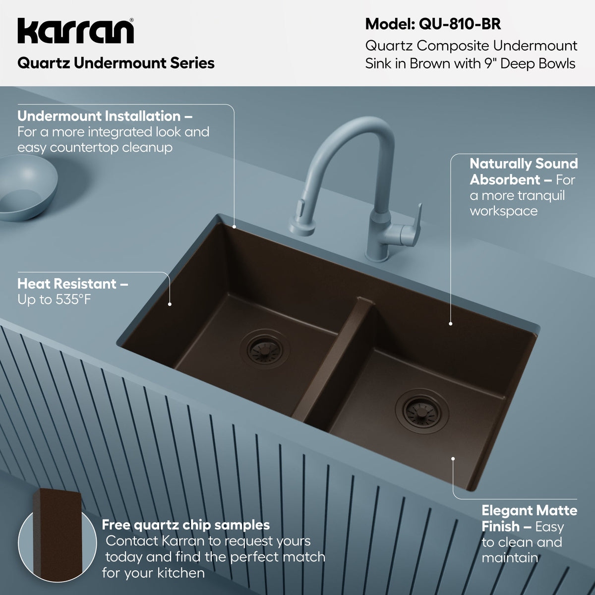 32-3/8" Undermount Double Equal Bowl Quartz Composite Kitchen Sink In Brown