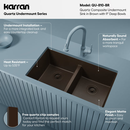 32-3/8" Undermount Double Equal Bowl Quartz Composite Kitchen Sink In Brown