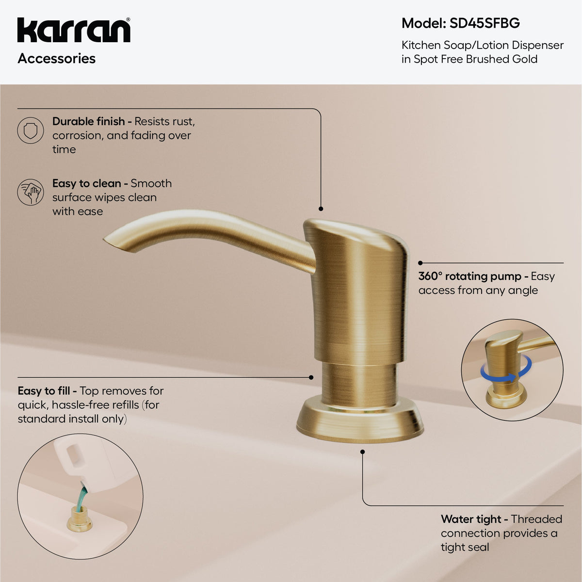 Karran SD45 Soap Dispenser In Spot-Free Brushed Gold