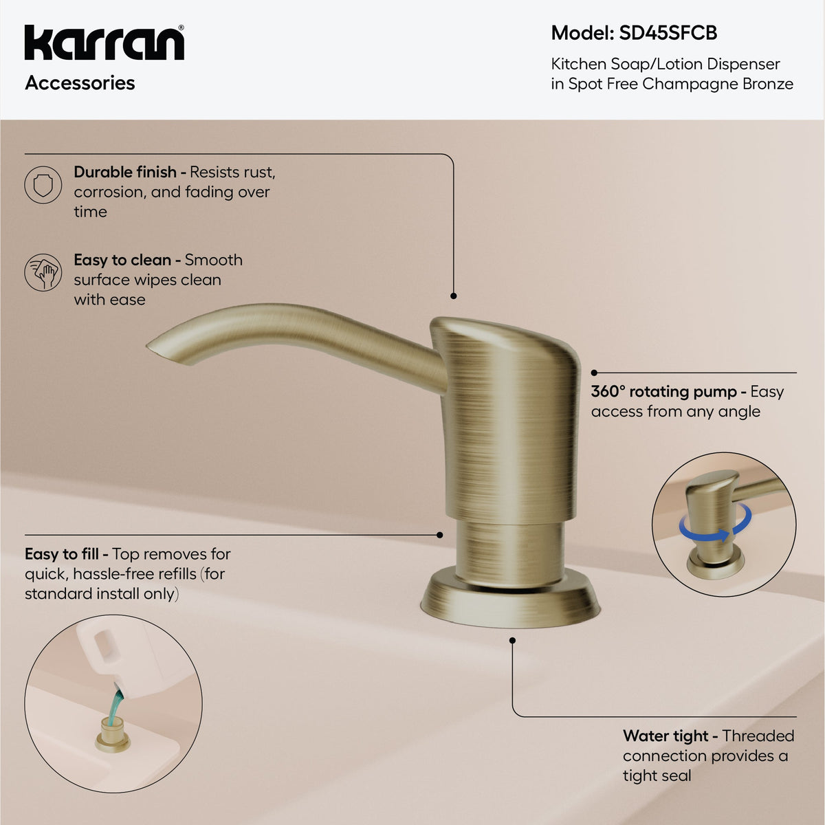 Karran SD45 Soap Dispenser In Spot-Free Champagne Bronze