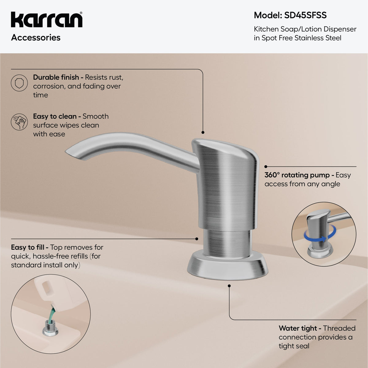 Karran SD45 Soap Dispenser In Spot-Free Stainless Steel