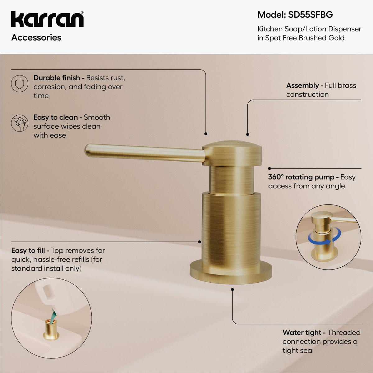 Karran SD55 Soap Dispenser In Spot-Free Brushed Gold