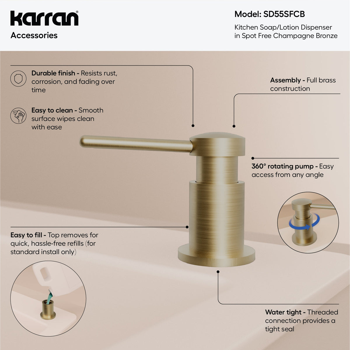 Karran SD55 Soap Dispenser In Spot-Free Champagne Bronze