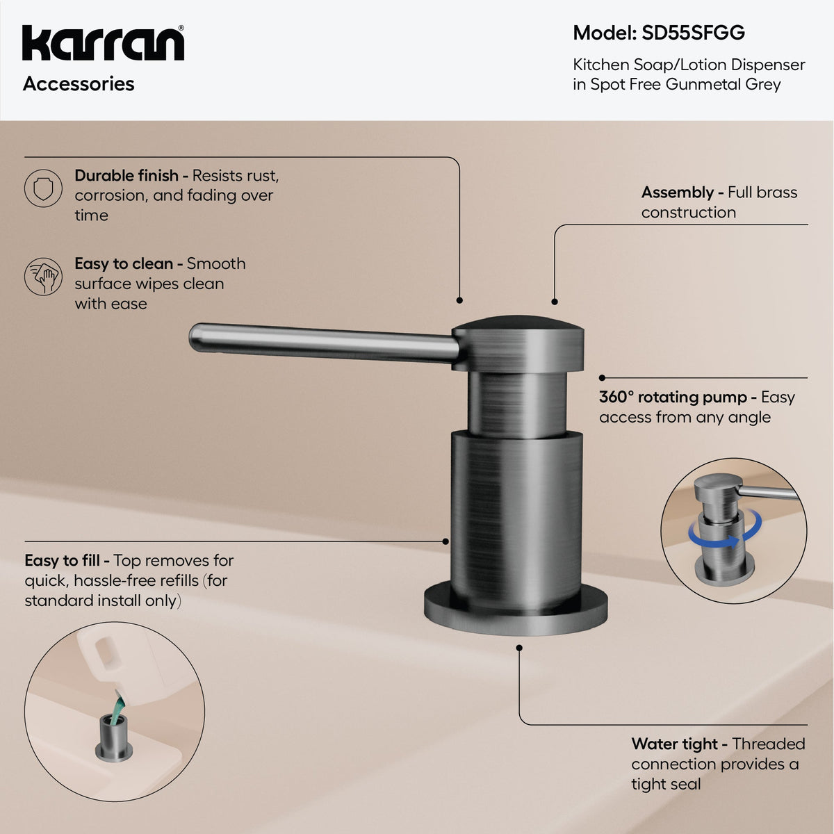 Karran SD55 Soap Dispenser In Spot-Free Gunmetal Grey