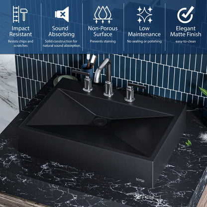 24-1/4" Vessel Quartz Composite Bathroom Sink In Black