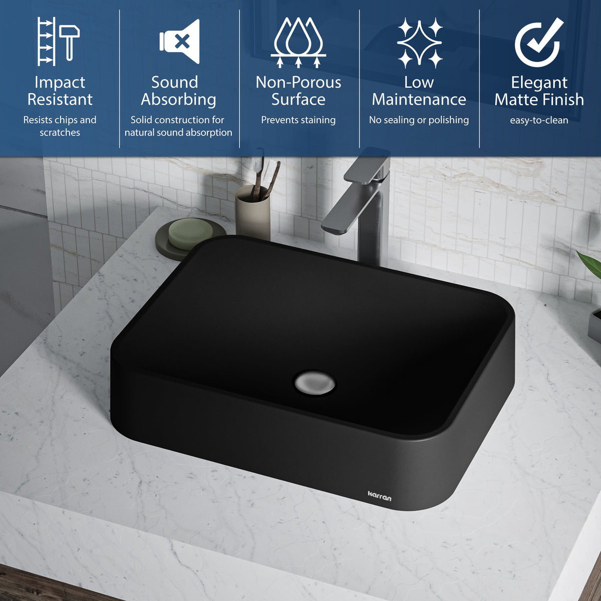 21-1/2" Vessel Quartz Composite Bathroom Sink In Black