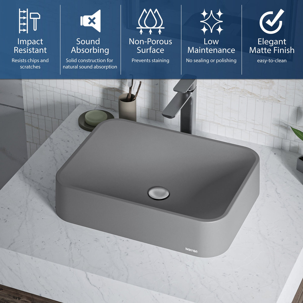 21-1/2" Vessel Quartz Composite Bathroom Sink In Grey