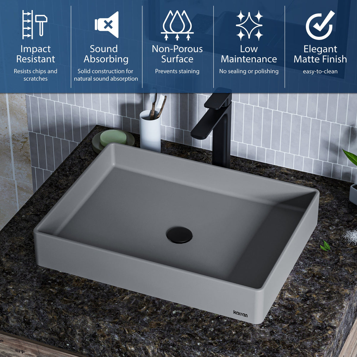 23-5/8" Vessel Quartz Composite Bathroom Sink In Grey