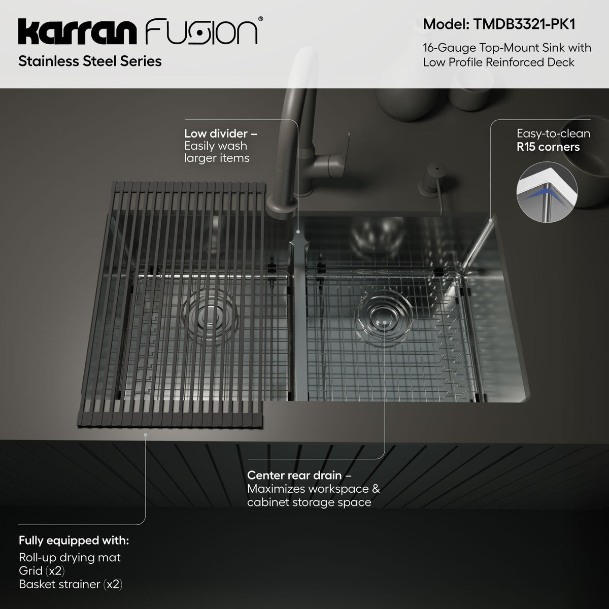 Fusion 33" Top Mount 16 Gauge Double Bowl Stainless Steel Sink with Accessories