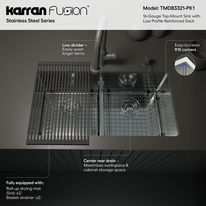 Fusion 33" Top Mount 16 Gauge Double Bowl Stainless Steel Sink with Accessories
