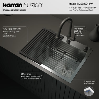 Fusion 25" Top Mount 16 Gauge Single Bowl Stainless Steel Sink with Accessories