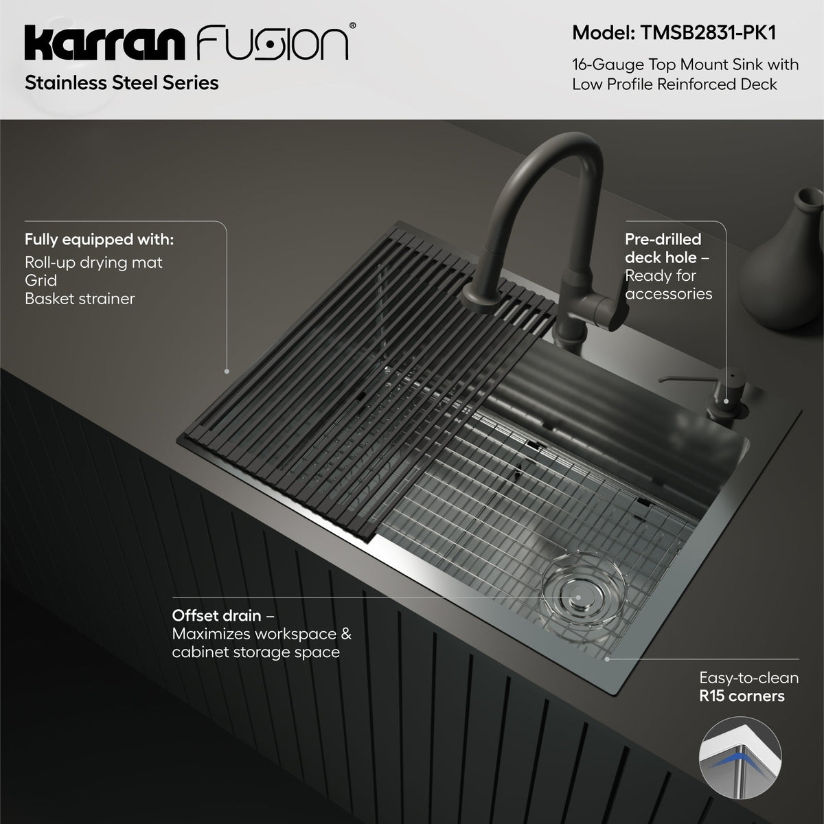 Fusion 28" Top Mount 16 Gauge Single Bowl Stainless Steel Sink with Accessories