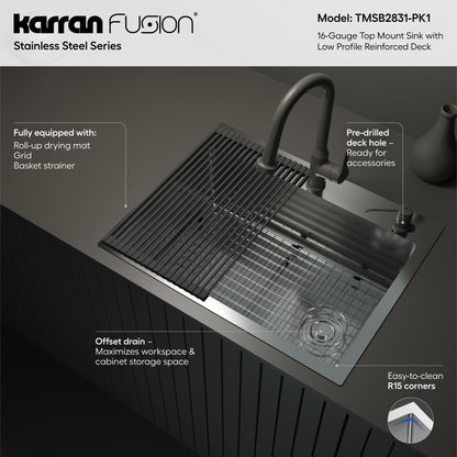 Fusion 28" Top Mount 16 Gauge Single Bowl Stainless Steel Sink with Accessories