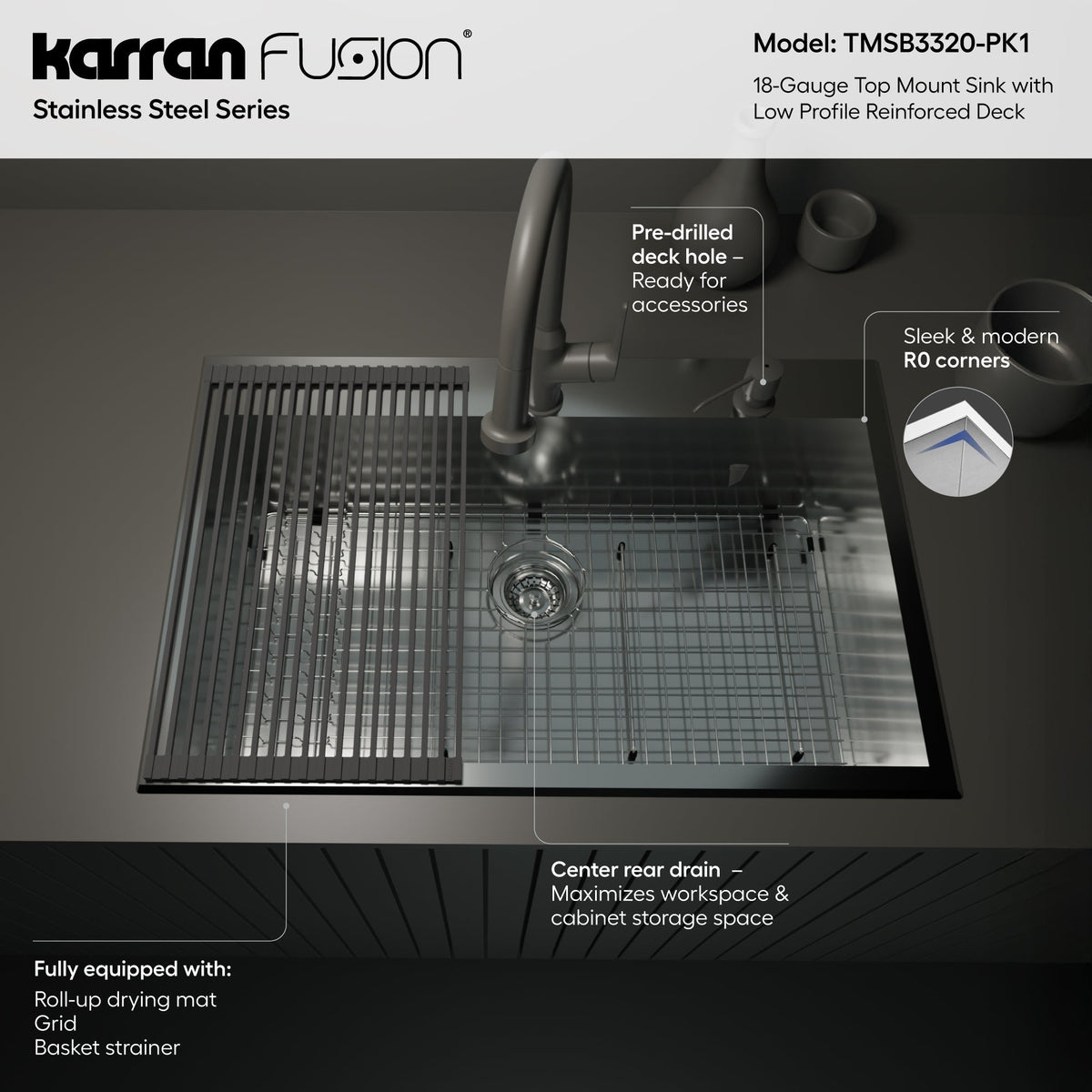 Fusion 33" Top Mount 18 Gauge Single Bowl Stainless Steel Sink with Accessories