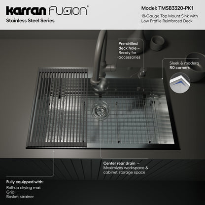 Fusion 33" Top Mount 18 Gauge Single Bowl Stainless Steel Sink with Accessories
