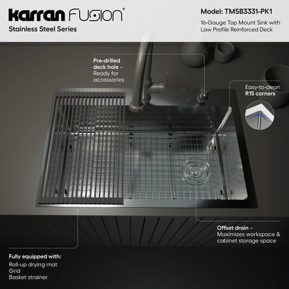 Fusion 33" Top Mount 16 Gauge Single Bowl Stainless Steel Sink with Accessories