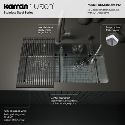 Fusion 33" Undermount 16 Gauge Double Bowl Stainless Steel Sink with Accessories